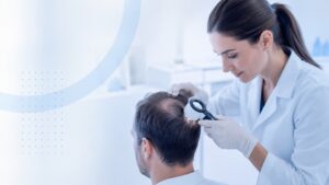 Especialista realiza una evaluación capilar a un hombre con signos de alopecia androgenética