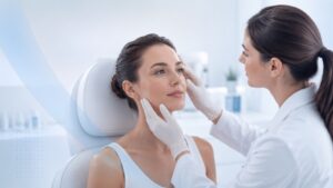 Especialista realiza una valoración facial antes de aplicar bioestimuladores de colágeno