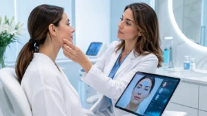 Especialista evalúa el rostro de una paciente antes de un tratamiento de rejuvenecimiento facial