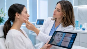Especialista evalúa cicatrices de acné y manchas en el rostro de una paciente durante una valoración dermatológica