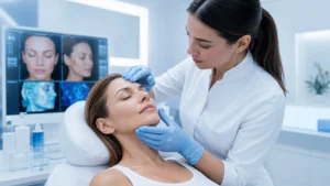 Especialista realiza un diagnóstico facial digital para definir un tratamiento de rejuvenecimiento
