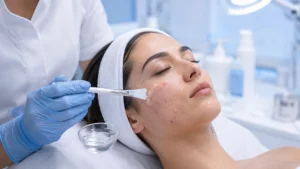 Especialista aplica un peeling químico sobre cicatrices y manchas de acné en el rostro de una paciente