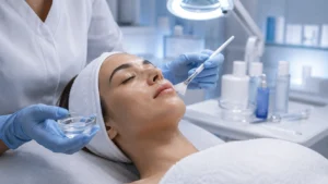Especialista aplica un peeling químico en el rostro de una paciente durante un tratamiento facial