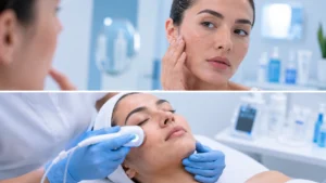 Mujer con poros abiertos en la cara recibe un tratamiento facial para mejorar la textura de la piel