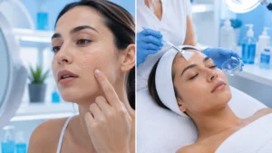 Especialista realiza una limpieza facial profunda en una paciente con poros abiertos y textura irregular